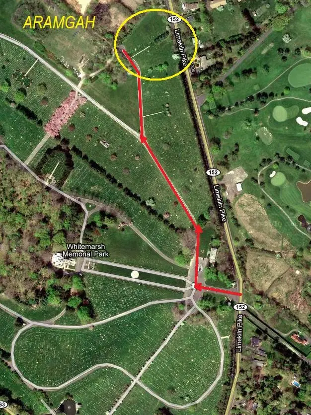 Map of the most frequently used cemetery route from the main entrance to the Aramgah site