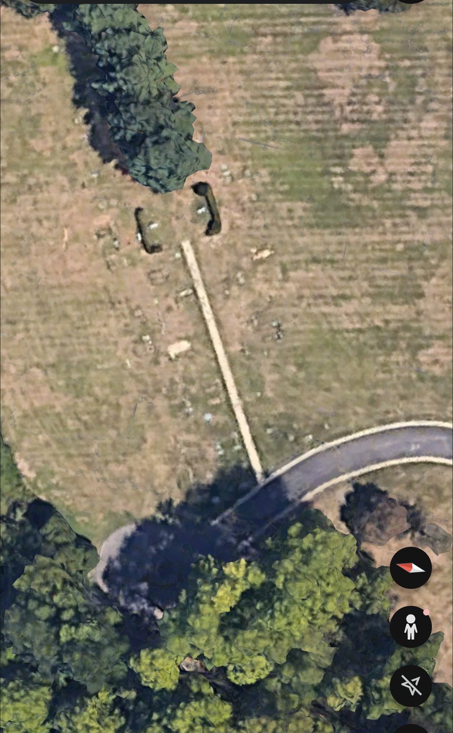 Aerial satellite view of the Aramgah plot area showing the central walkway and prayer stone